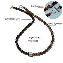 Load image into Gallery viewer, Hovaete 8mm Natural Stone Beads Short Necklace Stainless Steel Beaded Charm Choker Neck Chain Fashion Men and Women Jewelry 21.7inch(55cm)(yellow tiger eye+black onyx)
