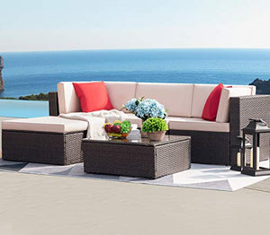 Devoko 5 Pieces Patio Furniture Sets All-Weather Outdoor Sectional Sofa Manual Weaving Wicker Rattan Patio Conversation Set with Cushion and Glass Table (Beige)
