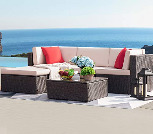 Devoko 5 Pieces Patio Furniture Sets All-Weather Outdoor Sectional Sofa Manual Weaving Wicker Rattan Patio Conversation Set with Cushion and Glass Table (Beige)