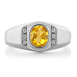 Gem Stone King Men's 925 Sterling Silver Oval Yellow Citrine and White Created Sapphire Ring (1.16 Cttw) (Size 10)