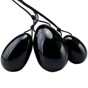 rockcloud Black Obsidian Set of 3 Drilled Yoni Eggs with String, Massage Stones for Women to Train Pelvic Muscles Kegel Exercise