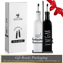Load image into Gallery viewer, Farmhouse Oil and Vinegar Dispenser Set by Brighter Barns - Black &amp; White Olive Oil Dispenser Bottle with Caddy Holder &amp; Stainless Steel Spout - Cute Modern Vintage Glass Cruet for Kitchen -500ml 17oz
