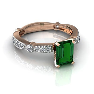 14kt Rose Gold Lab Emerald and Diamond 7x5mm Emerald_Cut Milgrain Antique Style Ring - Size 4.5