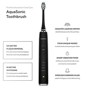 AquaSonic Black Series PRO Ultra Whitening 40,000 VPM Rechargeable Electric Toothbrush w/Revolutionary Wireless Charging Glass, 6 Adaptive Proflex Brush Heads & Travel Case - 4 Modes w Smart Timer