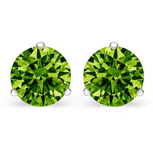 1.0 ct Brilliant Round Cut Solitaire Designer Genuine Natural Green Peridot Gemstone VVS1 Ideal Flawless pair of 3-prong Stud Martini Earrings Solid 14k White Gold Screw Back Clara Pucci