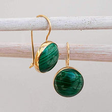 Load image into Gallery viewer, 14K Gold Malachite Earrings - 14K Solid Yellow Gold Drop Earrings, 12mm Natural Round Stone, Genuine Dark Green Gemstone, May Birthstone Taurus Birthday Gift - Minimalist Handmade Statement Jewelry
