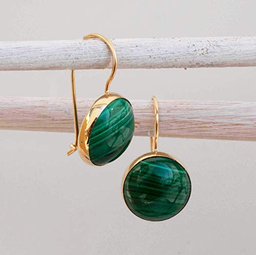 14K Gold Malachite Earrings - 14K Solid Yellow Gold Drop Earrings, 12mm Natural Round Stone, Genuine Dark Green Gemstone, May Birthstone Taurus Birthday Gift - Minimalist Handmade Statement Jewelry