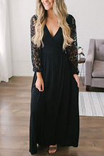Load image into Gallery viewer, Women Fall Casual Faux Wrap V Neck Vintage Floral Lace Long Sleeve Maxi Dress Black S
