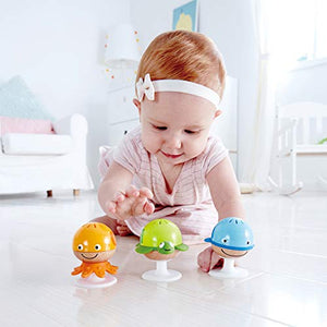 Hape Beaded Raindrops | Mini Wooden Musical Shake & Rattle Rainmaker Toy, Blue, Model Number: E0328B & Put-Stay Rattle Set | Three Sea Animal Suction Rattle Toys, Baby Educational Toy Set