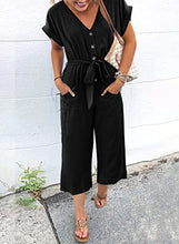 Load image into Gallery viewer, ROSKIKI Women's V-Neck Short Sleeve Button Pocketed Wide Leg Jumpsuits Romper with Belt
