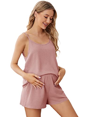 Romwe Women's Maternity Pajama Set Waffle Cami Top and Shorts Set Maternity Loungewear Sets Pink M