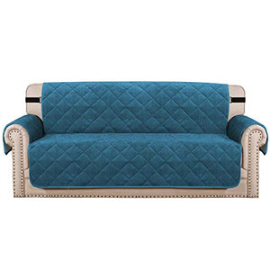 H.VERSAILTEX Sofa Cover Quilted Thick Velvet Plush Couch Cover for 3 Cushion Sofa Slipcover Protector from Pets Dogs, Non-Slip Two Elastic Straps on Back and Base (Sofa 70", Peacock Blue)