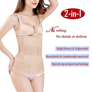 2 in 1 Postpartum Belly Wrap Waist/Pelvis Belt C-Section Natural Labour Belly Support Recovery Belt (Nude, One Size)