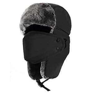 Mysuntown Unisex Winter Trooper Trapper Hat Hunting Hat Ushanka Ear Flap Chin Strap and Windproof Mask,Black,22-24 Inches ,One Size Fits All