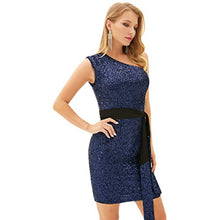Load image into Gallery viewer, LIUMILAC Women Summer Off Shoulder Sequins Bodycon Mini Dress Sexy Cocktail Party Dress Dark Blue
