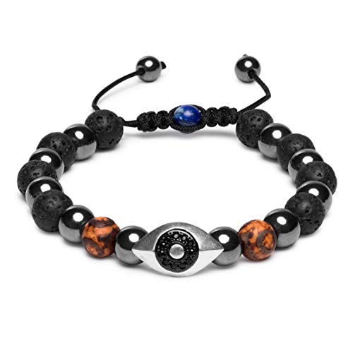 Karseer Vintage Silver and Black Plated Hamsa Evil Eye Stress Relief Reiki Healing Bracelet Natural Hematite Agate Dzi Lava Rock Lapis Lazuli Beaded Macrame Adjustable Anti Anxiety Diffuser Bracelet