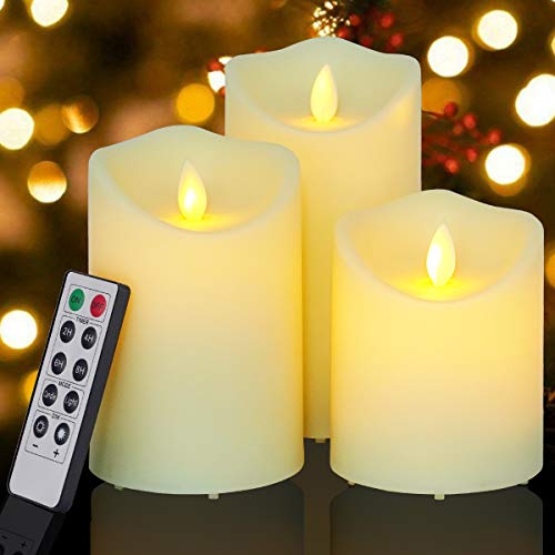 Flickering Flameless Candles Outdoor Waterproof Battery Operated Candle Led Candle Pillar Frosted Plastic Candle Set of 3 Include Realistic Dancing LED Flames and Remote Control （D:3.25