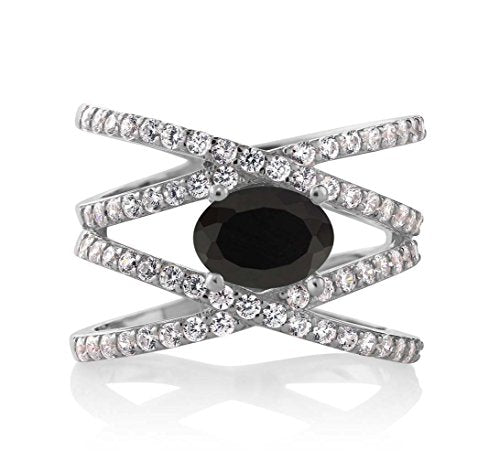 Gem Stone King 925 Sterling Silver Black Onyx Criss Cross Women's Ring (2.18 Cttw Oval Gemstone Birthstone) (Size 9)