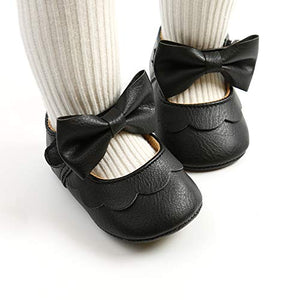 SOFMUO Baby Girls Mary Jane Flats Non-Slip Soft Rubber Sole Bowknot Infant Sneakers Toddler Princess Dress Walking Shoes(A01/Black,12-18 Months)