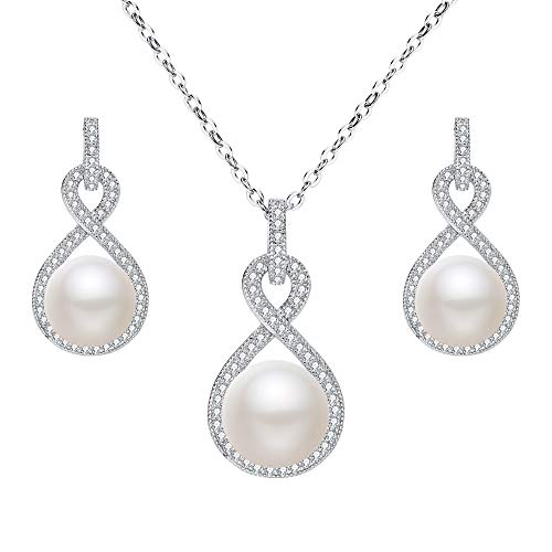 EleQueen 925 Sterling Silver CZ AAA Button Cream Freshwater Cultured Pearl Bridal Jewelry Necklace Earrings Set Ivory
