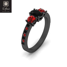 Load image into Gallery viewer, Harley Quinn Inspired Engagement Ring Oval Black Onyx and Red Garnet 3 Stone Wedding Ring Gun Metal Fn 925 Silver

