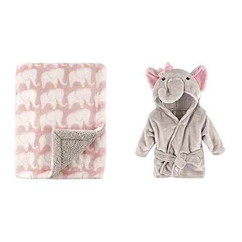 Hudson Baby Unisex Baby Plush Blanket with Sherpa Back, Pink Elephant, One Size and Hudson Baby Unisex Baby Plush Animal Face Robe, Pretty Elephant, One Size, 0-9 Months