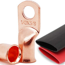 Load image into Gallery viewer, TKDMR 10pcs 1/0 AWG-3/8" Battery Lugs,Battery Cable Ends,Heavy Duty Copper Wire Lugs,Tubular Ring Terminals,AWG Crimp Wire Ring Lugs,Battery Terminal Connectors with 3:1 Heat Shrink Tubing
