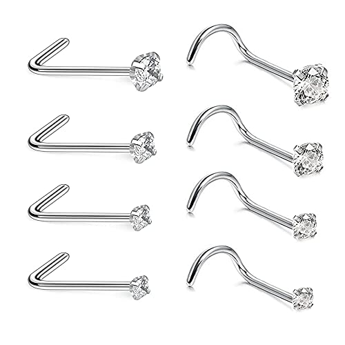 8pcs 20G Hypoallergenic Nose Screw Studs Round Diamond Surgical Steel Nose Rings Piercing Set