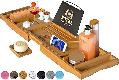 ROYAL CRAFT WOOD Luxury Bathtub Caddy Tray, One or Two Person Bath and Bed Tray, Bonus Free Soap Holder (Natural)