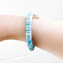 Load image into Gallery viewer, Diamond 14k Gold Lotus Flower Charm on Larimar Bracelet - 7 inches Long Elastic Thread Stretchy Handmade Bracelet by Miller Mae Designs
