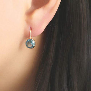 14K Gold Blue Earrings - 14K Solid Yellow Gold Round Shape Dangle Drop Earrings, 8mm Light Blue Circle Cubic Zirconia CZ Gemstone Jewelry - Simple Handmade Gift for Classy Women