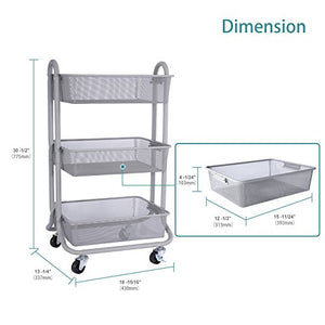 DESIGNA 3-Tier Rolling Utility Cart Storage Shelves Multifunction, Metal Mesh Baskets, Pantry Cart with Lockable Wheels, Gray
