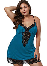 Load image into Gallery viewer, lime flare Women Sexy Plus Size Lace Trim Chemise Nightgown Silk Satin Sleep Nighty Lingerie Sleepwear Set (2X-Large(US 18-20),Bluish Green with satin bow detail)
