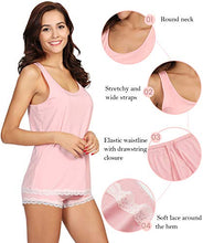 Load image into Gallery viewer, WiWi Bamboo Pajamas for Women Soft Sleeveless Tank Top with Shorts Pajama Sets Scoop Neck Lace Hem Sleepwear S-4X, Pink, Medium
