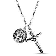 Load image into Gallery viewer, Steve Madden Men's Oxidized Saint Medallion Design and Crucifix Double Pendant Chain Necklace in Stainless Steel, Silver, 28
