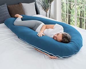 AngQi Full Body Pregnancy Pillow with Cooling Jersey Cotton Cove - Long U Shaped Maternity Body Pillow for Pregnant Women - 65in Pregnancy Pillows for Back Support - King Size (Navy)