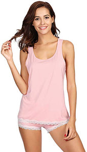 WiWi Bamboo Pajamas for Women Soft Sleeveless Tank Top with Shorts Pajama Sets Scoop Neck Lace Hem Sleepwear S-4X, Pink, Medium