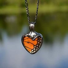 Load image into Gallery viewer, Handmade Monarch Butterfly Wing in Glass Pendant, Heart Jewelry for Women, New Tiffany Artisan Necklaces, Gift Ideas for Woman, Ethically Sourced Necklace
