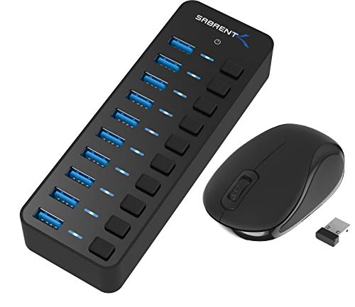Sabrent 10-Port 60W USB 3.0 Hub + Mini Travel 2.4GHz Wireless Mouse with Nano Receiver