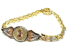 Load image into Gallery viewer, Fran &amp; Co. Virgin Mary Bracelet Virgen De Guadalupe Pulsera Tres Colores Oro Laminado 8“

