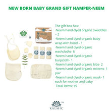 Load image into Gallery viewer, Kalmic Gift Hamper for Kids, [Neem] | 100% GOTS Certified Organic Cotton (Swaddles, Wraps with Hood, Burpcloths, Bibs, Mittens, Face Mask for Kids, Mother) | Gift Set for Kids 0-1 Years
