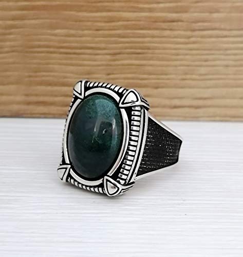 Handmade 925K Sterling Silver Mens Ring With Moss Agate Stone