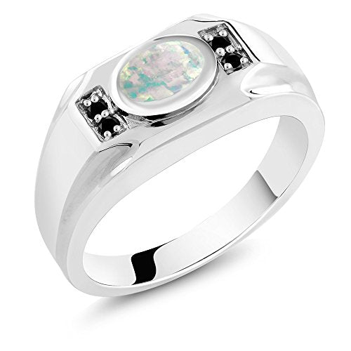 Gem Stone King 1.18 Ct Oval White Simulated Opal Black Diamond 925 Sterling Silver Men's Ring (Size 11)
