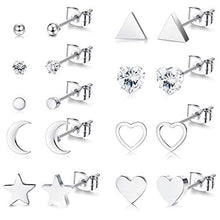 Load image into Gallery viewer, Magitaco 9 Pairs Stud Earrings Surgical Steel Dainty Small Heart Moon and Star Earrings Minimalist Geometric CZ Silver Ball and Triangle Earrings Sets for Women Men
