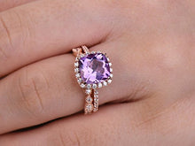 Load image into Gallery viewer, 2pcs Amethyst wedding ring set!8mm Cushion Engagement ring,petite rose gold plated,925 sterling silver stacking CZ Bridal ring,matching band,Women Halo ring,Man Made diamond CZ ring,any size
