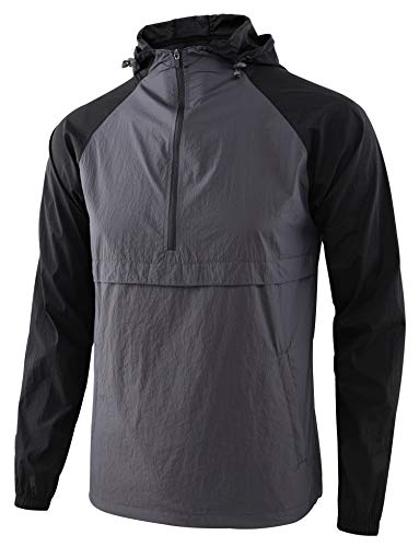 KNQR Men's Lightweight Zip Waterproof Anorak Windbreaker Jackets Active Hoodies Dark Gray/True Black L