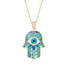 Load image into Gallery viewer, Ross-Simons Blue Enamel Hamsa Hand Pendant Necklace in 14kt Yellow Gold
