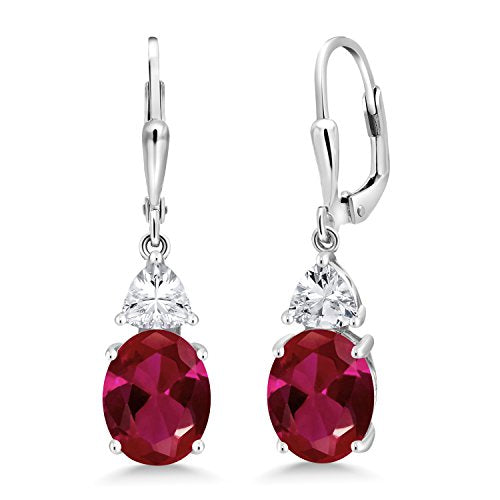 Gem Stone King 925 Sterling Silver Red Created Ruby Women Dangle Earrings (5.00 Ct Oval 10X8MM)