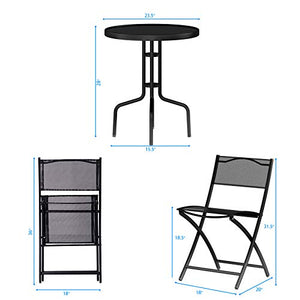 Giantex 3 Pcs Bistro Set Garden Backyard Round Table Folding Chairs, with Rust-Proof Steel Frames & Reinforced Glass Design Outdoor Patio Furniture, Black