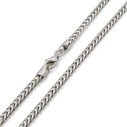 925 Italian Sterling Silver 2.5mm Solid Franco Chain, FREE Microfiber Cloth, Rhodium Plated Square Box Link Necklace, Giorgio Bergamo (24)
